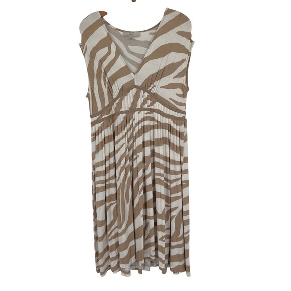 Loft Zebra Print V Neck Pleated  Dress Soft Jersey knit beige striped size 14 - Picture 1 of 4